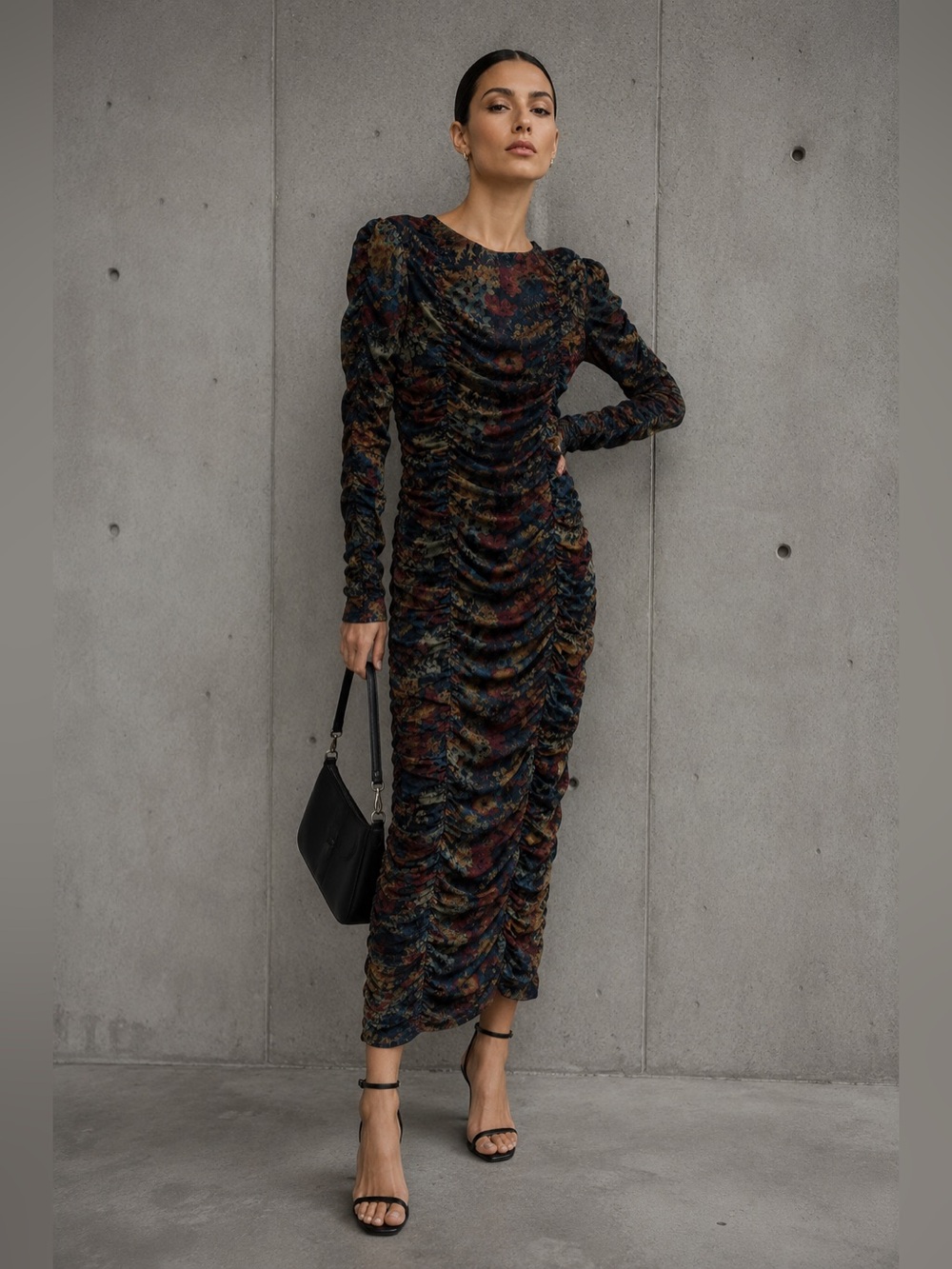 GANNI Ruched Floral Tapestry Print Long Sleeve Maxi Dress 36 / S
